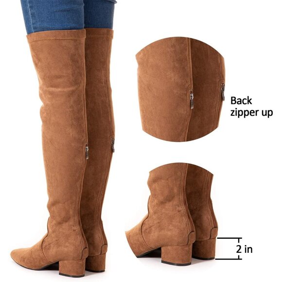 Women Brown 2 Inch Over the Knee Thigh High Suede Block Long Pointed toe Boots - Picture 2 of 7